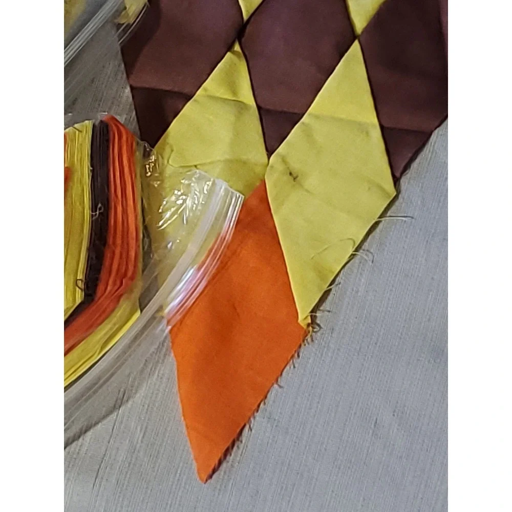 Vntg. Harlequin Diamond Patchwork Quilt Blocks Hand Stitched Orange Brown Yellow
